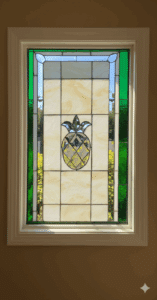 A rectangular stained glass window panel featuring a central pineapple, a symbol of hospitality. The pineapple's body is made of textured, diamond-patterned clear glass and its crown is dark green. It is set against a grid of off-white glass with a vibrant green border.