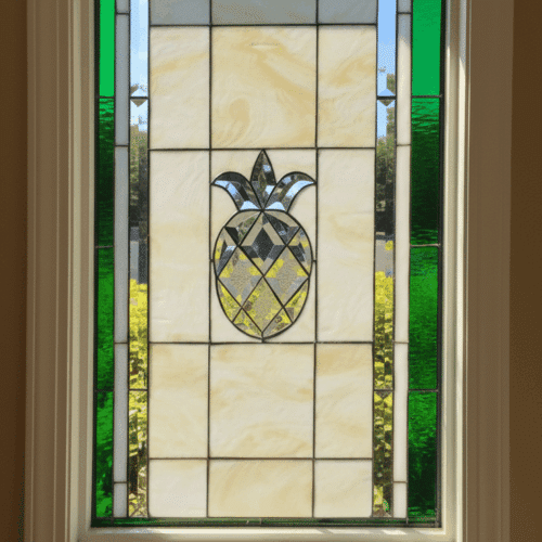 A rectangular stained glass window panel featuring a central pineapple, a symbol of hospitality. The pineapple's body is made of textured, diamond-patterned clear glass and its crown is dark green. It is set against a grid of off-white glass with a vibrant green border.