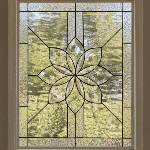 A square leaded glass window featuring a large, stylized flower medallion at its center. The flower's ten petals are all crafted from beveled glass, set against a background of clear, textured privacy glass with a geometric border.