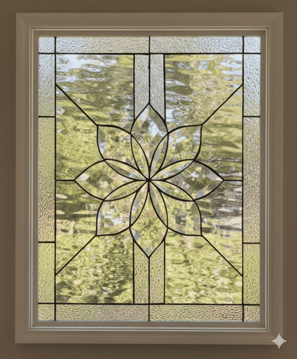A square leaded glass window featuring a large, stylized flower medallion at its center. The flower's ten petals are all crafted from beveled glass, set against a background of clear, textured privacy glass with a geometric border.