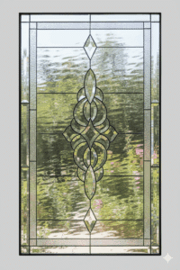 A rectangular leaded glass window featuring a large, intricate, and symmetrical beveled glass cluster at its center. The cluster is accented by a diamond bevel above and below, all set against a background of clear textured glass panes with a distinct textured border.