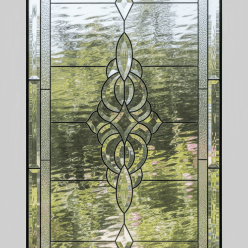 A rectangular leaded glass window featuring a large, intricate, and symmetrical beveled glass cluster at its center. The cluster is accented by a diamond bevel above and below, all set against a background of clear textured glass panes with a distinct textured border.