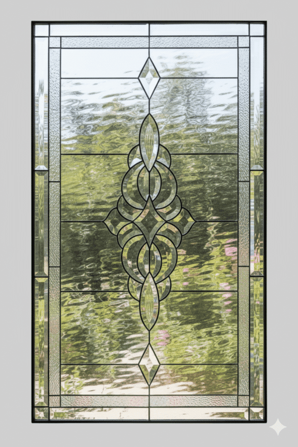 A rectangular leaded glass window featuring a large, intricate, and symmetrical beveled glass cluster at its center. The cluster is accented by a diamond bevel above and below, all set against a background of clear textured glass panes with a distinct textured border.