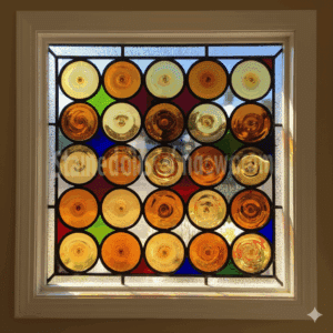 A square leaded glass panel composed of a five-by-five grid of 25 hand-blown glass rondels. The dimensional, circular rondels are in various shades of amber and gold, set against a mosaic background of smaller pieces of colored and textured glass.
