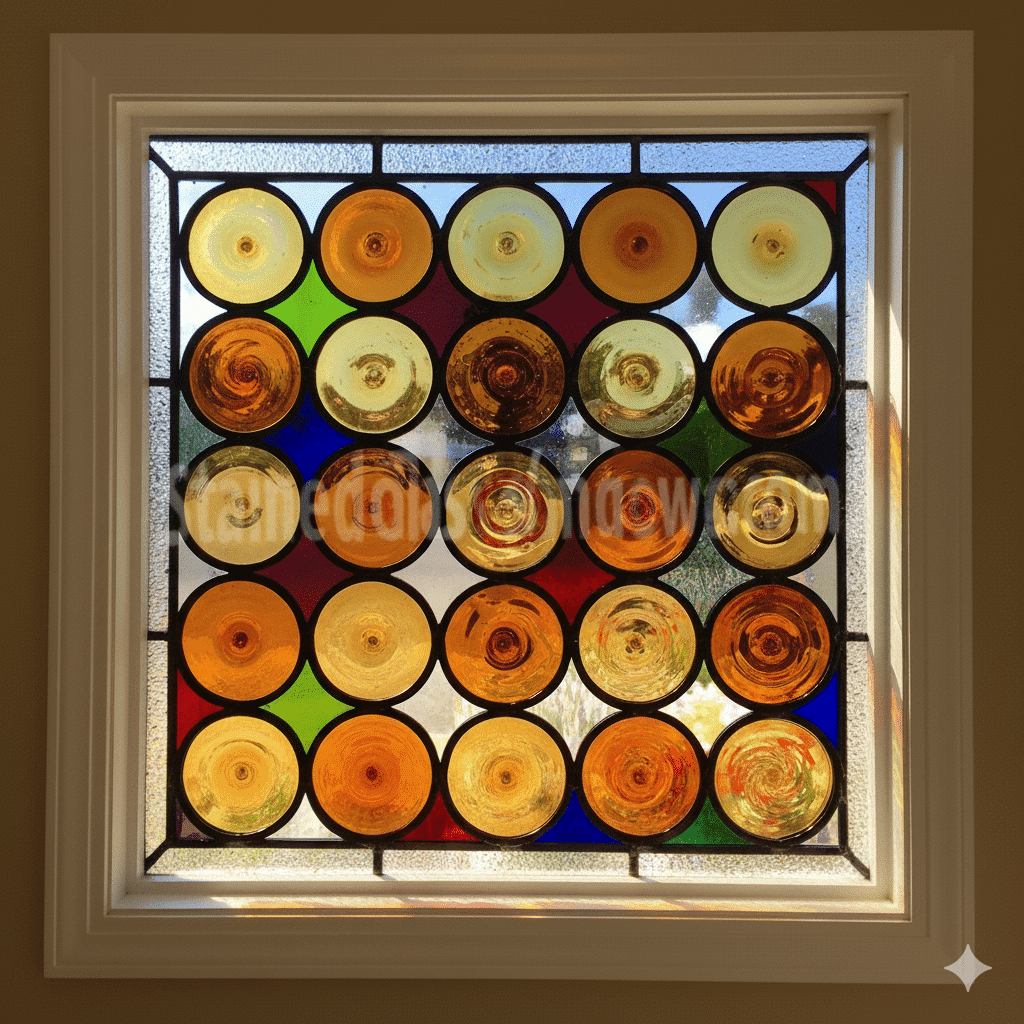 A square leaded glass panel composed of a five-by-five grid of 25 hand-blown glass rondels. The dimensional, circular rondels are in various shades of amber and gold, set against a mosaic background of smaller pieces of colored and textured glass.
