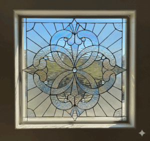 A square, clear leaded stained glass window showcasing an intricate symmetrical floral medallion design in textured glass, surrounded by radiating clear panels. A bright blue sky is visible outside.