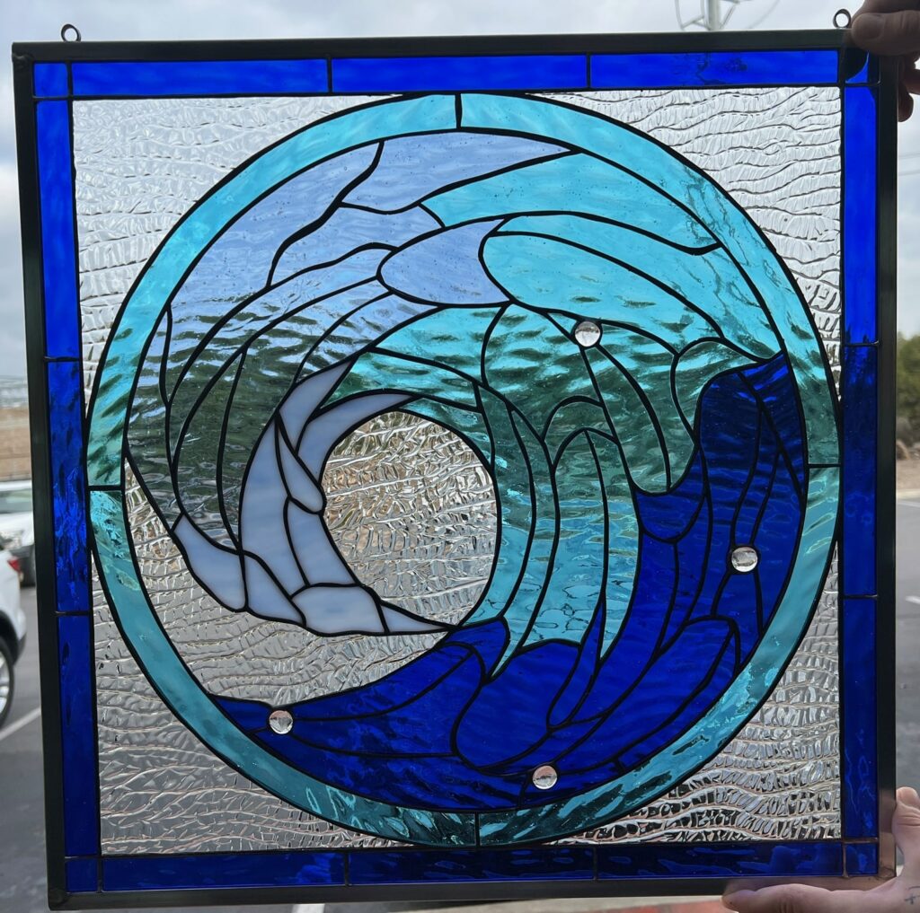 Beautiful Cresting Blue Wave Leaded Stained Glass Window Panel