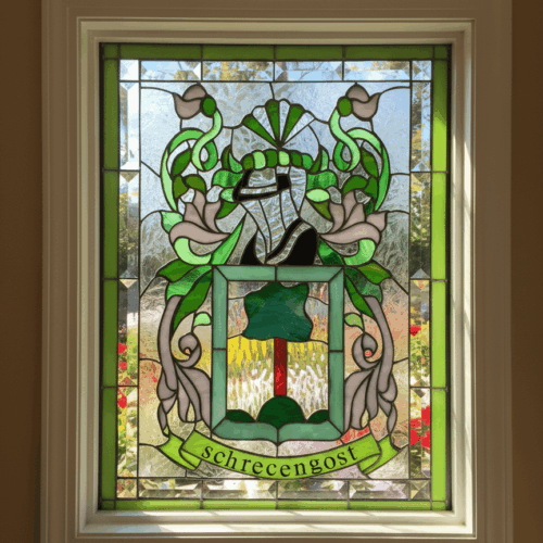 A rectangular stained glass panel depicting a custom family Coat of Arms. The detailed heraldic design features a central shield with a tree, a plumed helmet crest, flowing green and mauve mantling, and a banner at the bottom displaying the family name 'schrecengost'.