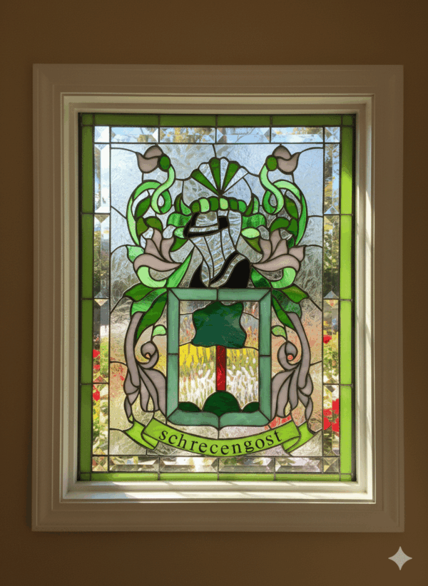 A rectangular stained glass panel depicting a custom family Coat of Arms. The detailed heraldic design features a central shield with a tree, a plumed helmet crest, flowing green and mauve mantling, and a banner at the bottom displaying the family name 'schrecengost'.