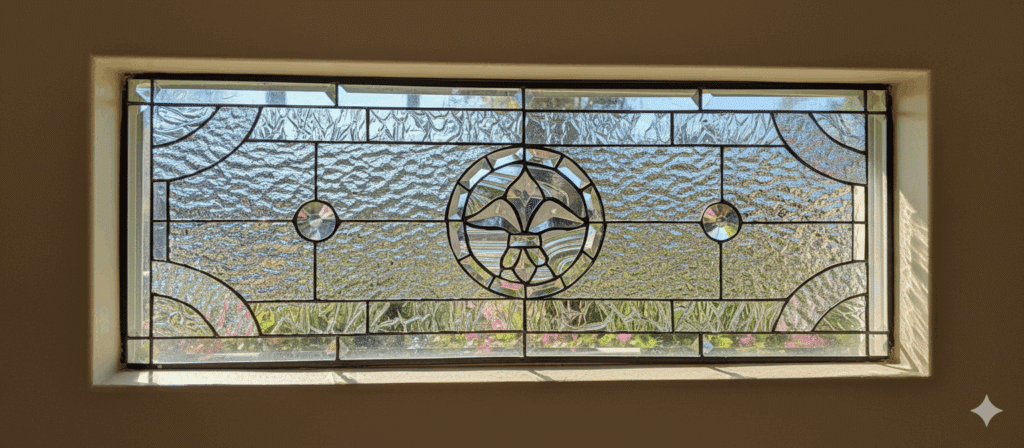 A rectangular clear leaded stained glass transom window panel featuring a central circular beveled Fleur-de-lis design, flanked by two smaller circular bevels, and set within various textured clear glass.