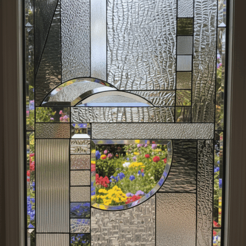 An abstract, rectangular leaded glass window in the Mission Prairie style. The geometric design is a complex collage of numerous clear glasses with varied textures, accented by beveled pieces and a small, clear viewing area in the center.