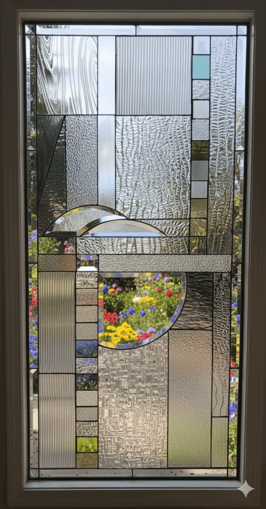 An abstract, rectangular leaded glass window in the Mission Prairie style. The geometric design is a complex collage of numerous clear glasses with varied textures, accented by beveled pieces and a small, clear viewing area in the center.