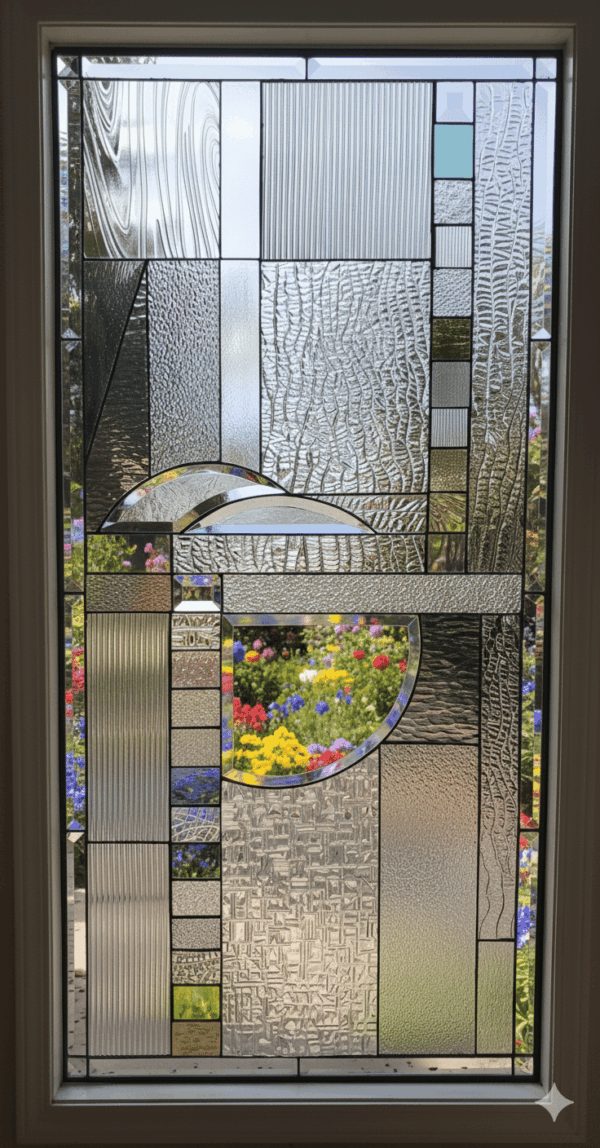 An abstract, rectangular leaded glass window in the Mission Prairie style. The geometric design is a complex collage of numerous clear glasses with varied textures, accented by beveled pieces and a small, clear viewing area in the center.