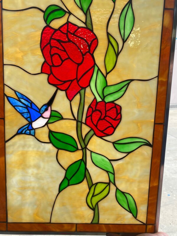 Elegant ! Hummingbird & Red Roses Leaded Stained Glass Window Panel