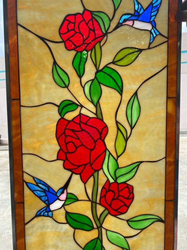 Elegant ! Hummingbird & Red Roses Leaded Stained Glass Window Panel