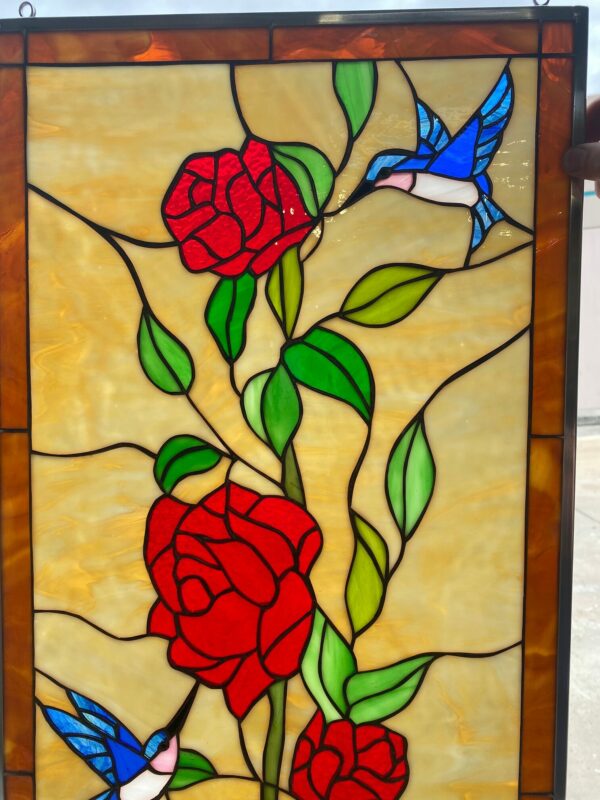 Elegant ! Hummingbird & Red Roses Leaded Stained Glass Window Panel