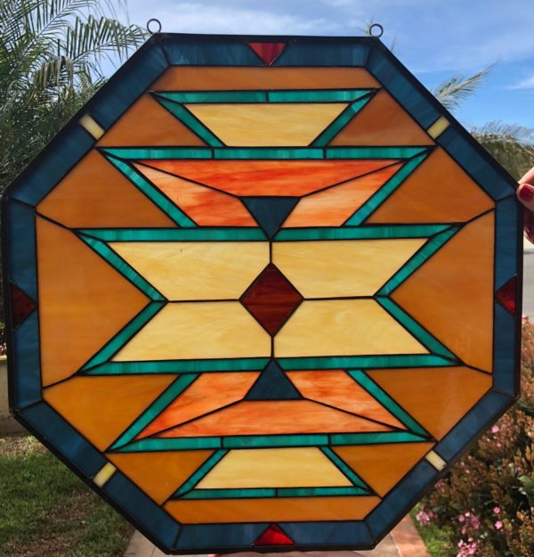 Warm Octagon Navajo Southwestern Leaded Stained Glass Window Panel