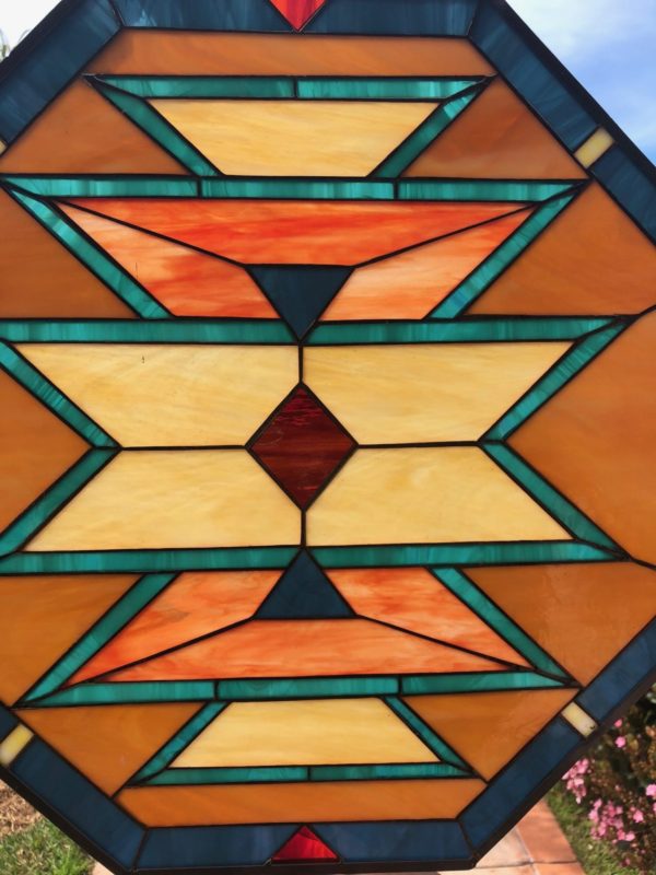 Warm Octagon Navajo Southwestern Leaded Stained Glass Window Panel