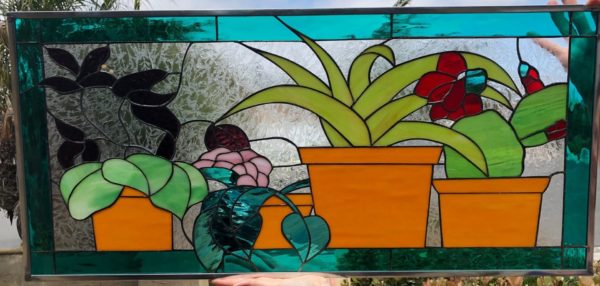 Succulents / Cactus In Terracotta Plant Pots Stained Glass Window