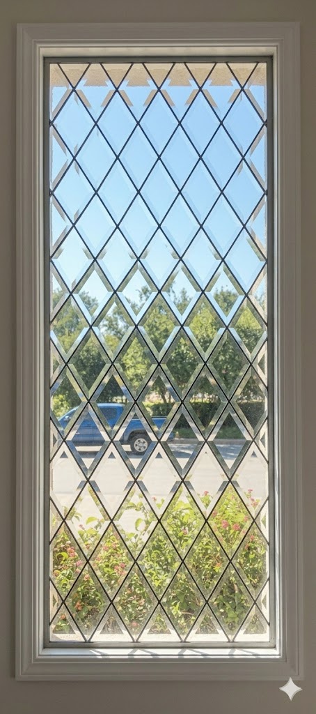 A tall rectangular window with a clear beveled diamond pattern, set in a white frame, offering a view of an outdoor scene.