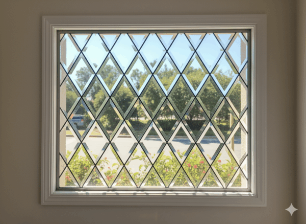 A traditional Tudor-style leaded glass window featuring a classic lattice pattern of diamond-shaped panes. The full diamond panes are made of clear, beveled glass, framed by triangular panes of clear, textured glass at the borders.