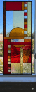 A rectangular stained glass panel with a modern, abstract geometric design suggesting a sunset over the ocean. The panel uses a warm color palette of deep reds, golden ambers, and blues in a variety of glass textures.