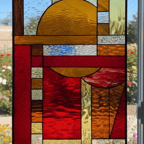 A rectangular stained glass panel with a modern, abstract geometric design suggesting a sunset over the ocean. The panel uses a warm color palette of deep reds, golden ambers, and blues in a variety of glass textures.