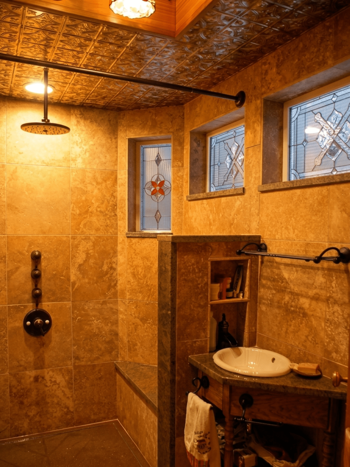 A set of three rectangular leaded stained glass windows installed in a tiled bathroom. The left window features a red stylized floral pattern, and the two right windows display clear textured geometric designs.