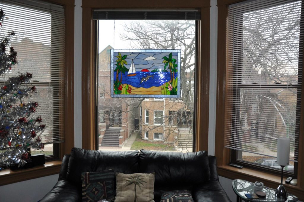 Palm Tree Dolphin & Sailboat Stained Glass Panel Suspended With Chains