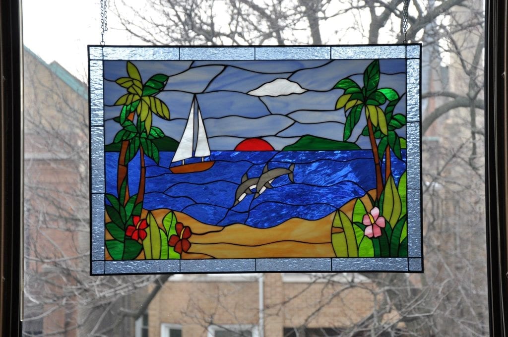 Palm Tree Dolphin & Sailboat Stained Glass Panel