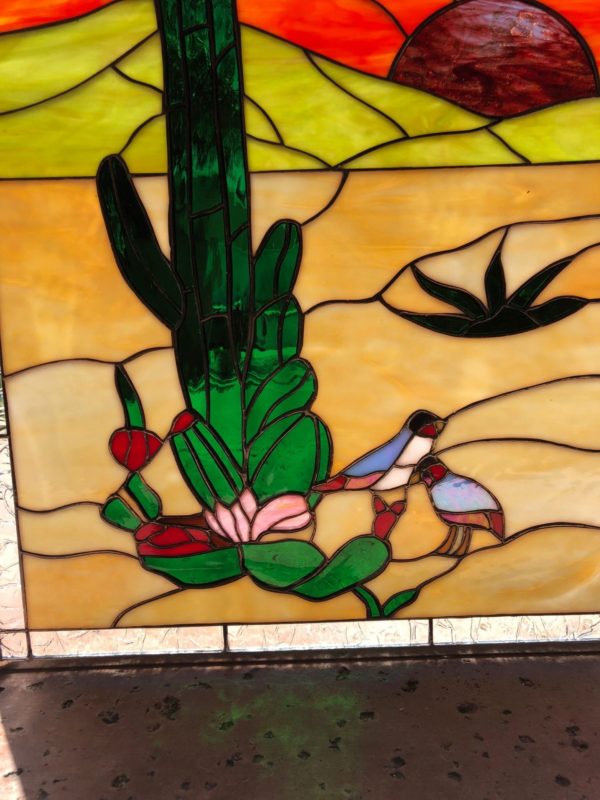 Southwestern Lovely Desert Quail & Cactus Leaded Stained Glass Window Panel