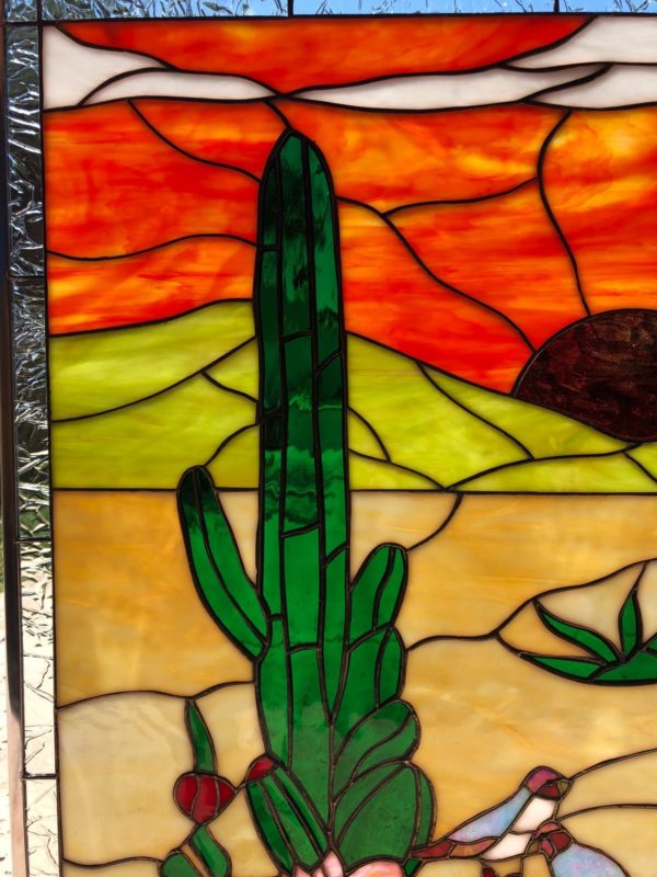 Southwestern Lovely Desert Quail & Cactus Leaded Stained Glass Window Panel