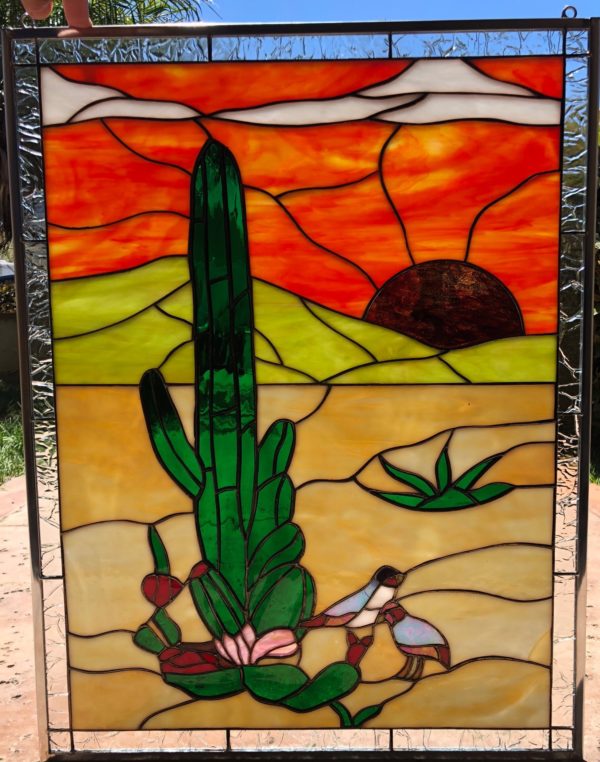 Southwestern Lovely Desert Quail & Cactus Leaded Stained Glass Window Panel