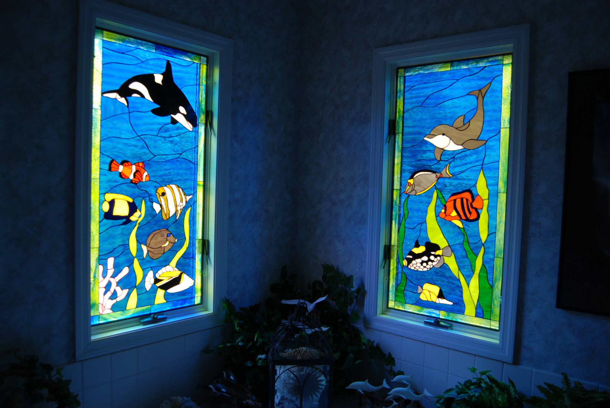 Two Colorful Sea Life Stained Glass Panels Installed Against Our Clients Existing Glass