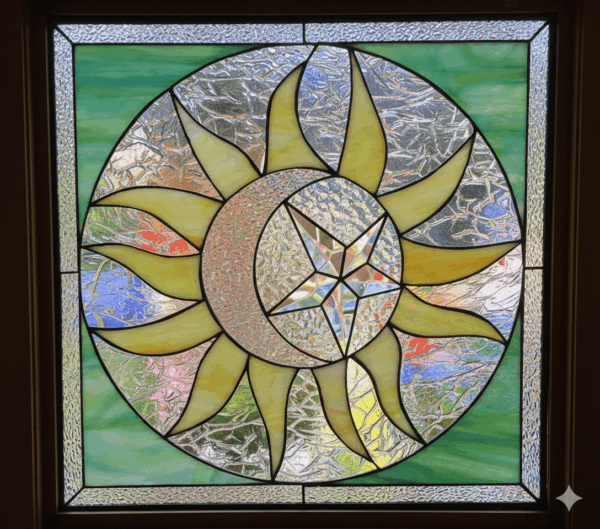 A square stained glass panel with a large celestial medallion. The design features a yellow sun, a textured crescent moon, and a central, clear beveled star, all set against a green and clear textured glass background