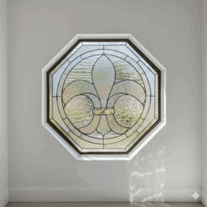 An octagonal leaded glass window featuring a large, central Fleur-de-lis symbol. The Fleur-de-lis is crafted from clear, beveled glass, set against a background of heavily textured clear glass and a geometric border.