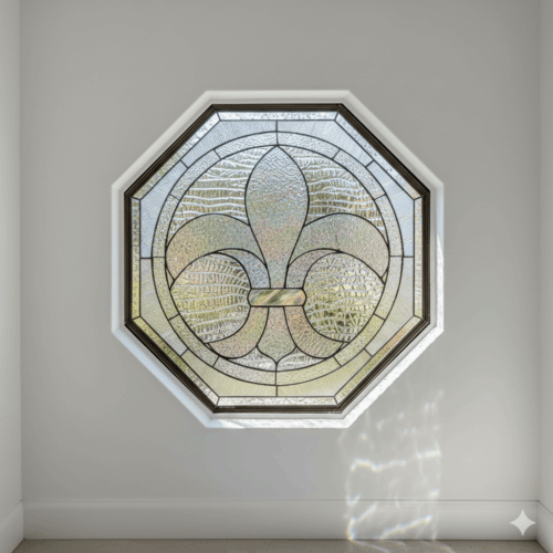 An octagonal leaded glass window featuring a large, central Fleur-de-lis symbol. The Fleur-de-lis is crafted from clear, beveled glass, set against a background of heavily textured clear glass and a geometric border.