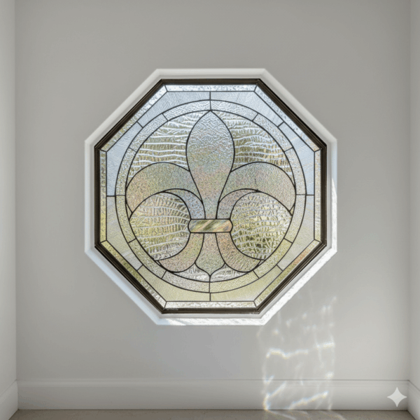 An octagonal leaded glass window featuring a large, central Fleur-de-lis symbol. The Fleur-de-lis is crafted from clear, beveled glass, set against a background of heavily textured clear glass and a geometric border.