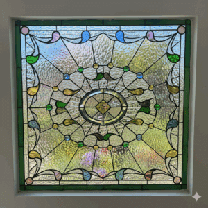An ornate, square leaded glass window with a symmetrical design radiating from a central beveled cluster. The intricate pattern is decorated with numerous colorful glass jewels and teardrop-shaped pieces in shades of blue, green, amber, and pink, all set on a textured clear glass background with a green border.
