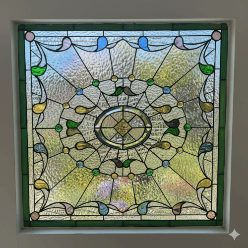 An ornate, square leaded glass window with a symmetrical design radiating from a central beveled cluster. The intricate pattern is decorated with numerous colorful glass jewels and teardrop-shaped pieces in shades of blue, green, amber, and pink, all set on a textured clear glass background with a green border.