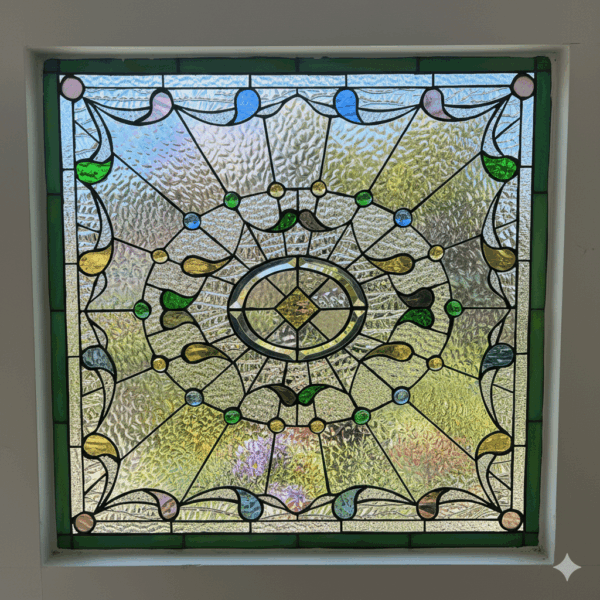 An ornate, square leaded glass window with a symmetrical design radiating from a central beveled cluster. The intricate pattern is decorated with numerous colorful glass jewels and teardrop-shaped pieces in shades of blue, green, amber, and pink, all set on a textured clear glass background with a green border.