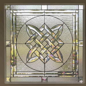 A square stained glass window featuring a large, intricate Celtic knot in the center. The entire knot and the outer border are made of sparkling, clear beveled glass, set against a clear, textured privacy glass background.