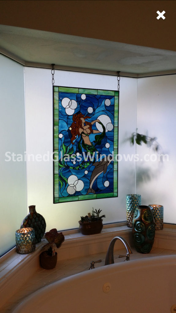 Mermaid & Dolphin Stained Glass Window In A Bathroom Window