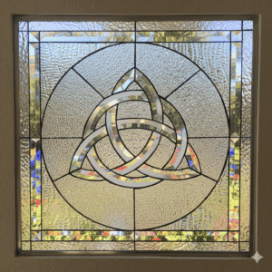 A square stained glass window with a large, beveled glass Celtic Trinity Knot in the center. The knot and the outer border are made of sparkling, clear beveled glass, set against a clear, textured privacy glass background.