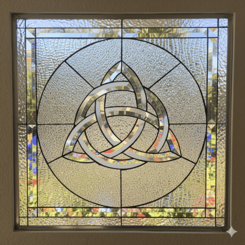 A square stained glass window with a large, beveled glass Celtic Trinity Knot in the center. The knot and the outer border are made of sparkling, clear beveled glass, set against a clear, textured privacy glass background.