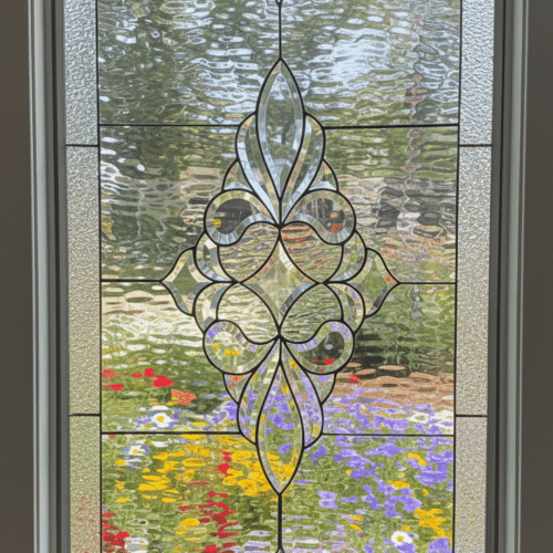 A rectangular leaded glass window featuring a large, intricate, and symmetrical beveled glass cluster as its centerpiece. The ornate cluster is composed of flowing, curved shapes and is set against a background of clear, textured privacy glass with a distinct border.
