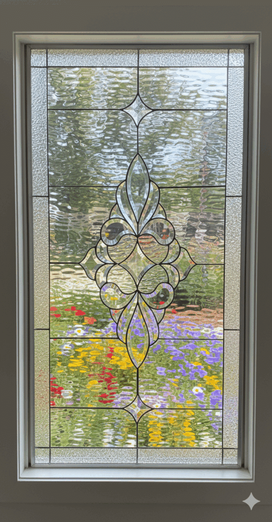 A rectangular leaded glass window featuring a large, intricate, and symmetrical beveled glass cluster as its centerpiece. The ornate cluster is composed of flowing, curved shapes and is set against a background of clear, textured privacy glass with a distinct border.
