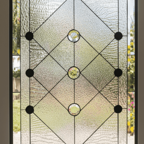 A rectangular stained glass window with a large diamond lattice pattern. The design is made from clear textured glass and is accented with a mix of sparkling clear faceted jewels and solid black circular jewels.