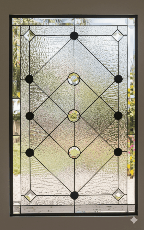 A rectangular stained glass window with a large diamond lattice pattern. The design is made from clear textured glass and is accented with a mix of sparkling clear faceted jewels and solid black circular jewels.