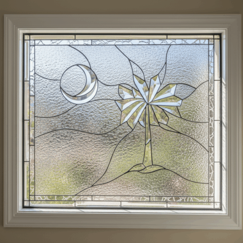 A rectangular leaded glass window featuring a stylized palmetto tree and a crescent moon, inspired by the South Carolina flag. The entire scene is crafted from a variety of clear textured, beveled, and iridescent glasses against a flowing, abstract background.